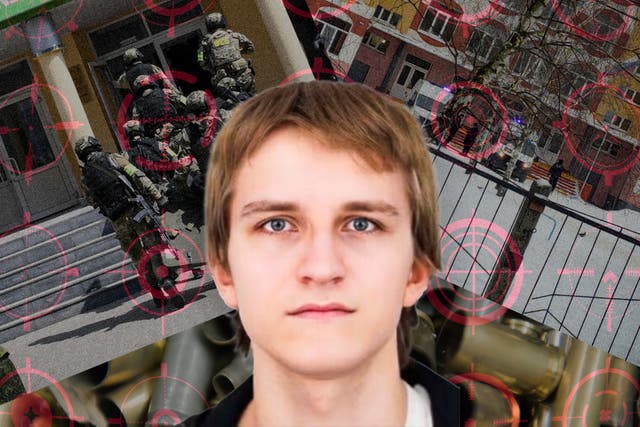<p>File: David Kozak, Prague university shooter, in foreground. Background are locations of where Russian shooters Alina Afanaskina and Ilnaz Galyaviev carried out their attacks</p>