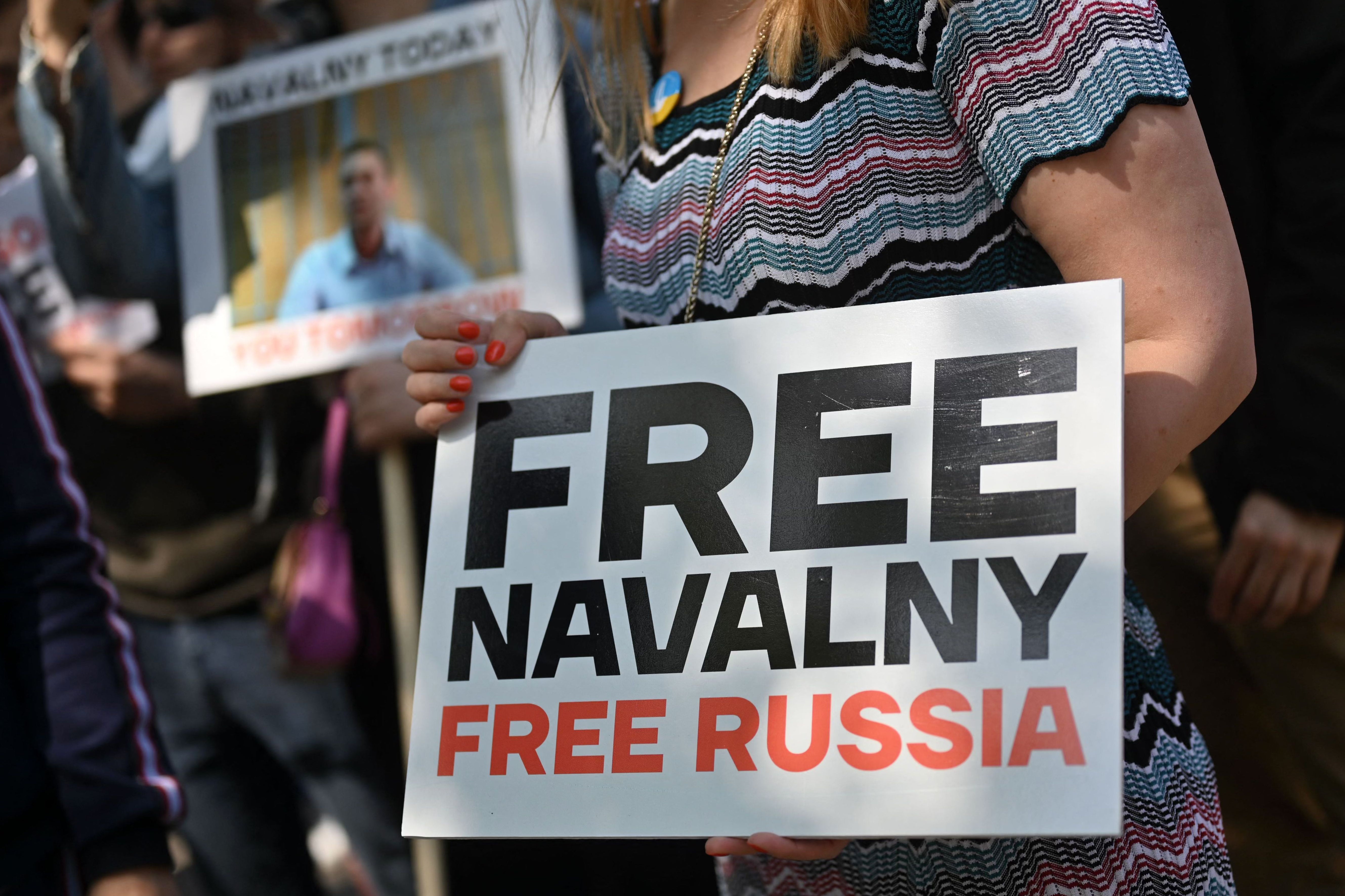 Protesters outside the Russian embassy in London in support of Alexei Navalny on his 47th birthday earlier this year