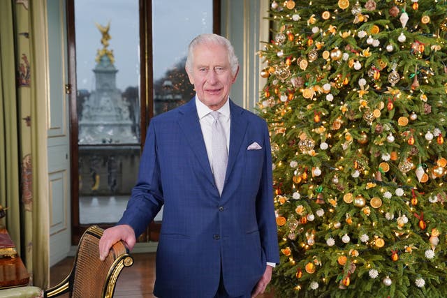 <p>King Charles III during the recording of his Christmas message at Buckingham Palace this year</p>
