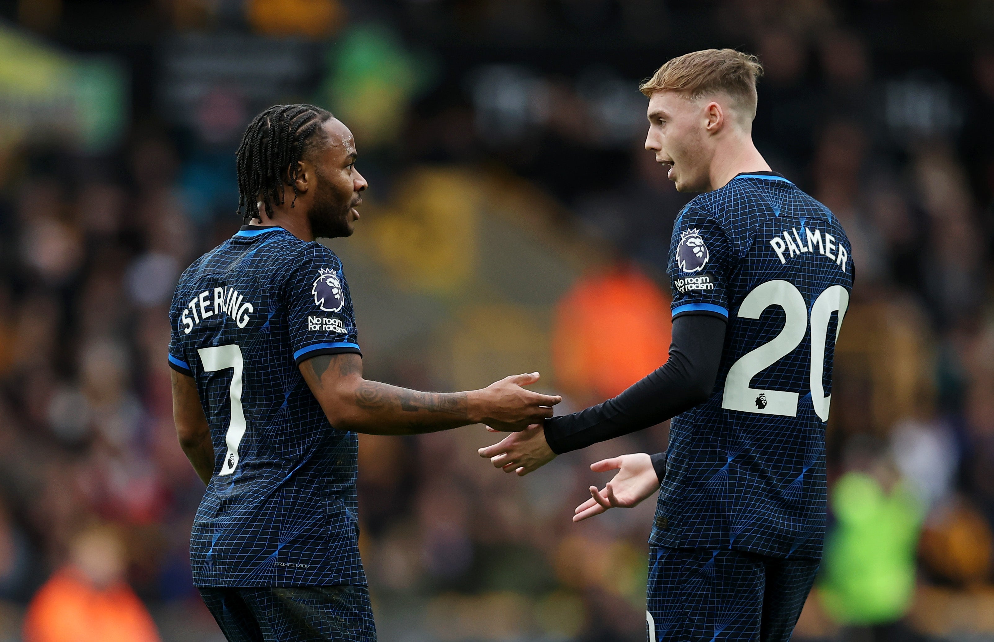 Raheem Sterling and Cole Palmer discuss the finer points of Chelsea’s struggles