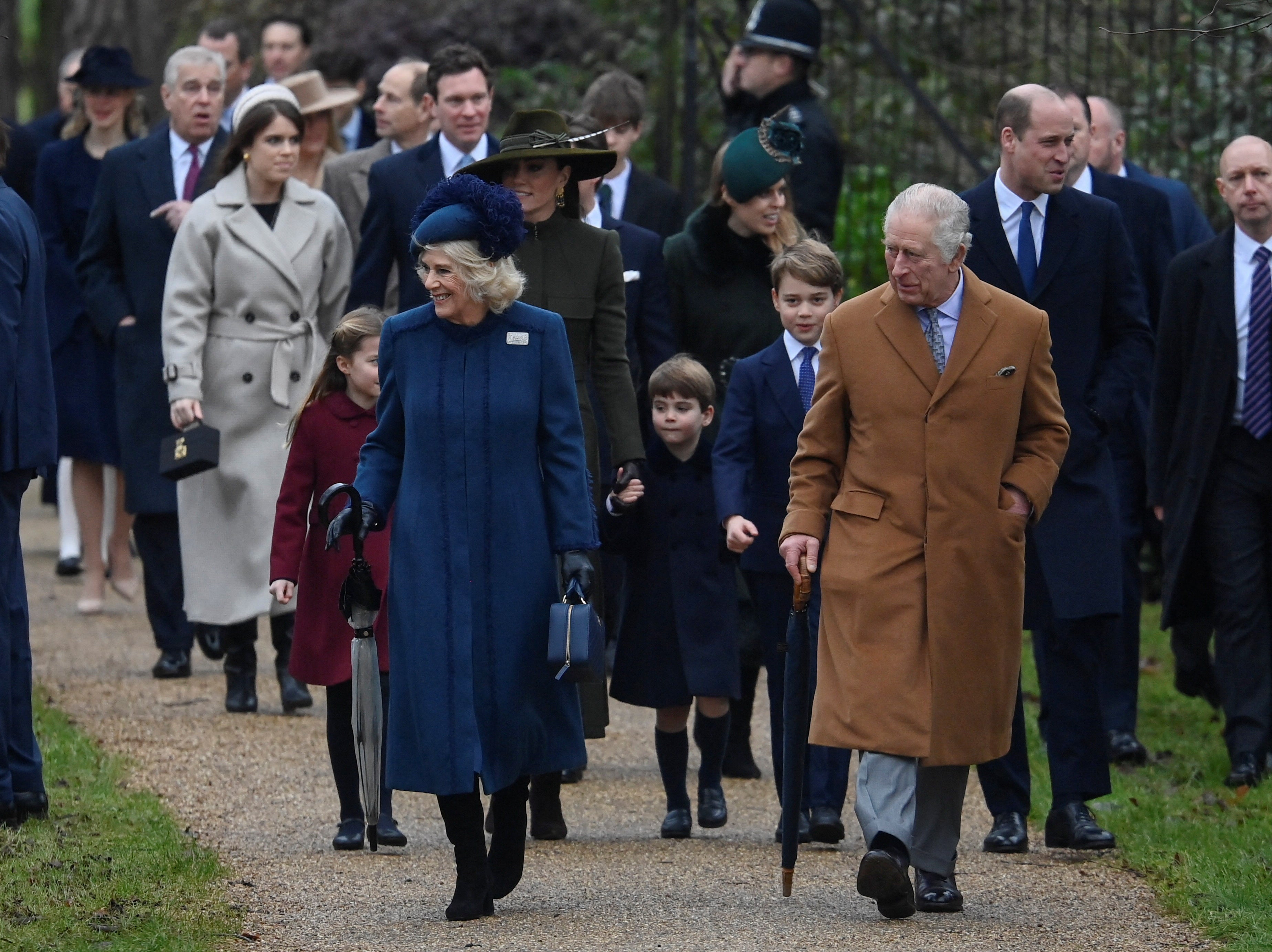 Britain's King Charles, Queen Camilla, Prince William, Prince of Wales, Catherine, Princess of Wales, Prince George, Princess Charlotte and Prince Louis attend the Royal Family's Christmas Day service at St. Mary Magdalene's church