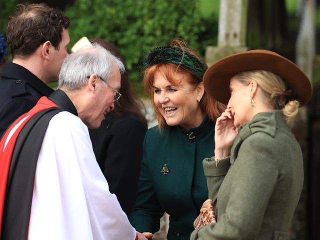 <p>Sarah Ferguson, Duchess of York and Sophie, Duchess of Edinburgh, are all smiles at the Christmas morning service at Sandringham Church</p>