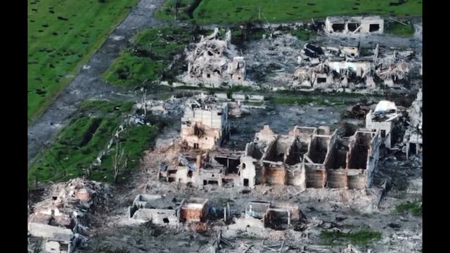 <p>Drone view shows the remains of Maryinka city that was destroyed by the Russians, in Maryinka</p>