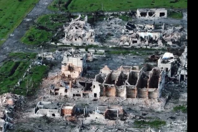 <p>Drone view shows the remains of Maryinka city that was destroyed by the Russians, in Maryinka</p>
