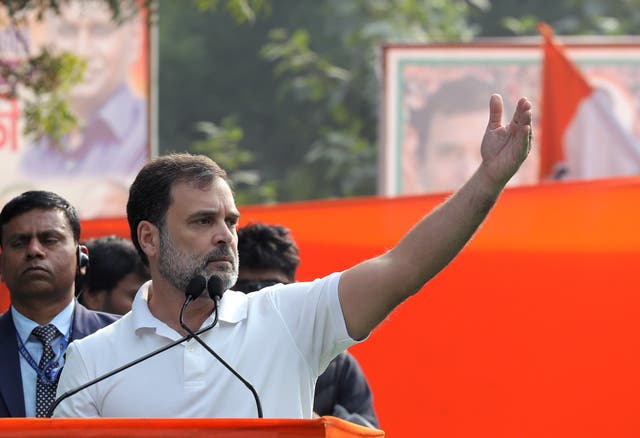 <p>File. Congress politician Rahul Gandhi speaks as he takes part in a 'Save Democracy' protest</p>