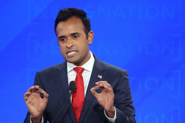 <p>Republican presidential candidate Vivek Ramaswamy participates in the NewsNation Republican Presidential Primary Debate at the University of Alabama Moody Music Hall on December 6, 2023 in Tuscaloosa, Alabama</p>