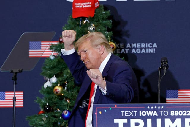 <p>Former US President and 2024 presidential hopeful Donald Trump gestures during a campaign event in Waterloo, Iowa, on December 19, 2023.</p>