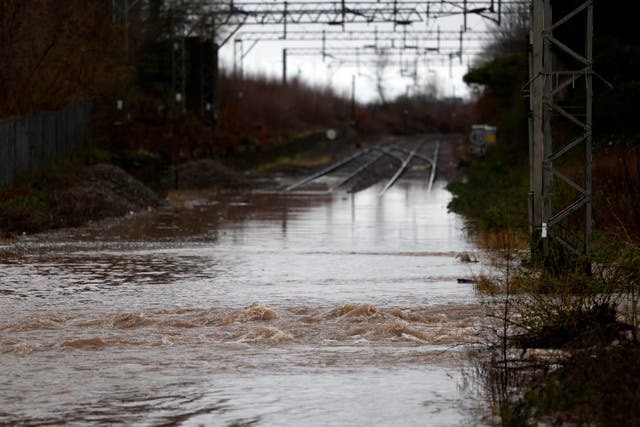 <p>The flooded railway line at Bowling station, West Dunbartonshire, on Wednesday </p>