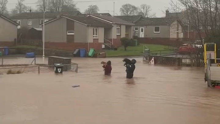 pDogs were carried to safety in Cupar as floodwaters submerged parts of the Fife town /p