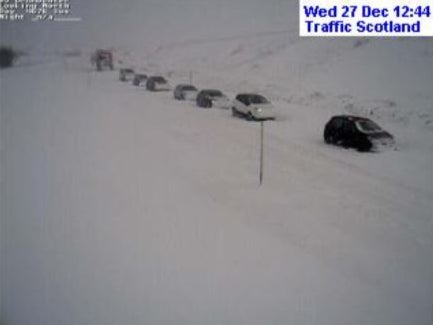 pCars were stuck on the A9 at Drumochter after heavy snowfall/p