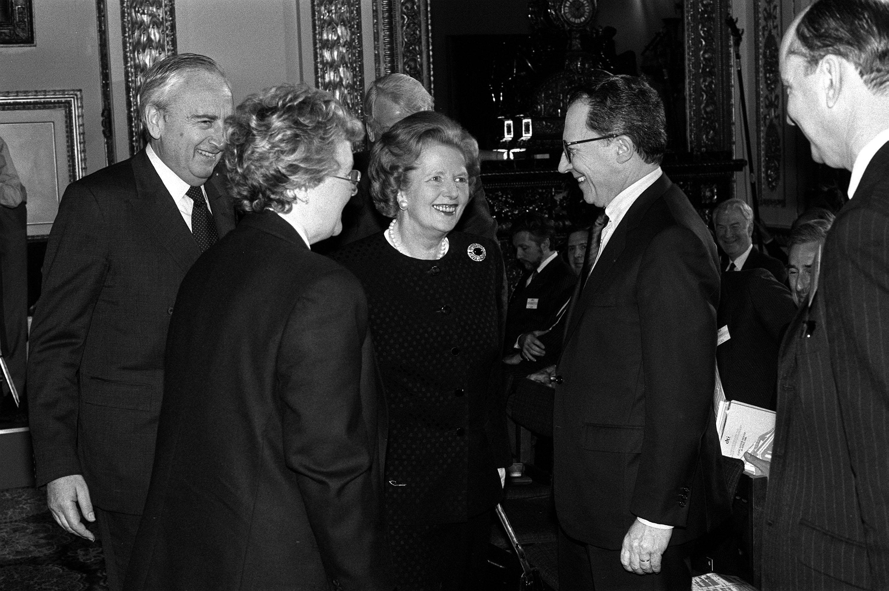Margaret Thatcher greets Jacques Delors at the European Single Market conference in London, in 1988