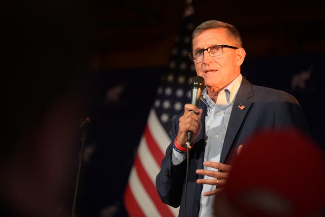 <p>Michael Flynn, former US National Security advisor to former President Trump, speaks at a campaign event for US Senate candidate Josh Mandel on 21 April 2022 at Mapleside Farms in Brunswick, Ohio</p>