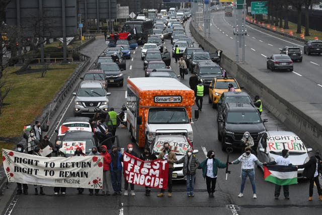 <p>Pro-Palestinian demonstrators block traffic to John F Kennedy airport (JFK), amid the ongoing conflict between Israel and the Palestinian Islamist group Hamas</p>