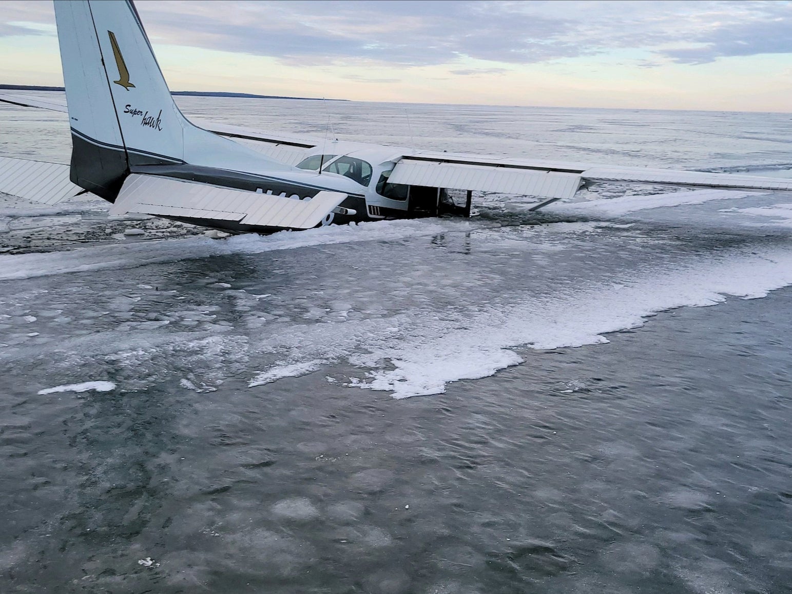 A Cessna plane sinks through the ice on Upper Red Lake in Washkish, Minnesota, 19 December 2023