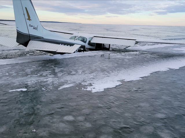 <p>A Cessna plane sinks through the ice on Upper Red Lake in Washkish, Minnesota, 19 December 2023</p>