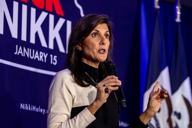 <p>Nikki Haley has claimed a ‘Democrat plant’ asked her what caused the Civil War at a New Hampshire town hall on 27 December</p>