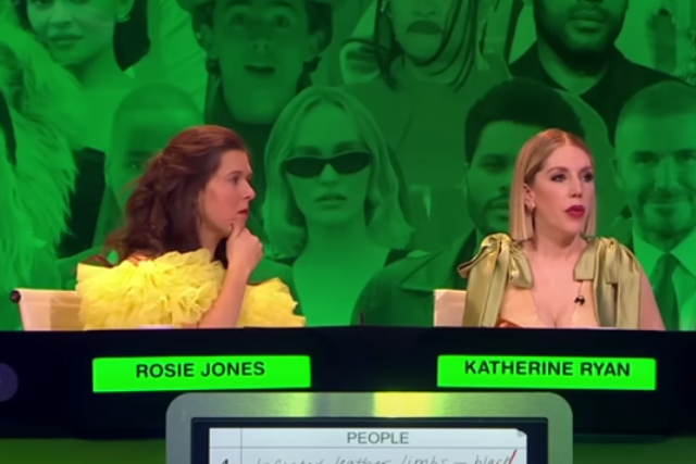 <p>Rosie Jones with Katherine Ryan on Channel 4’s ‘Big Fat Quiz of the Year’ </p>