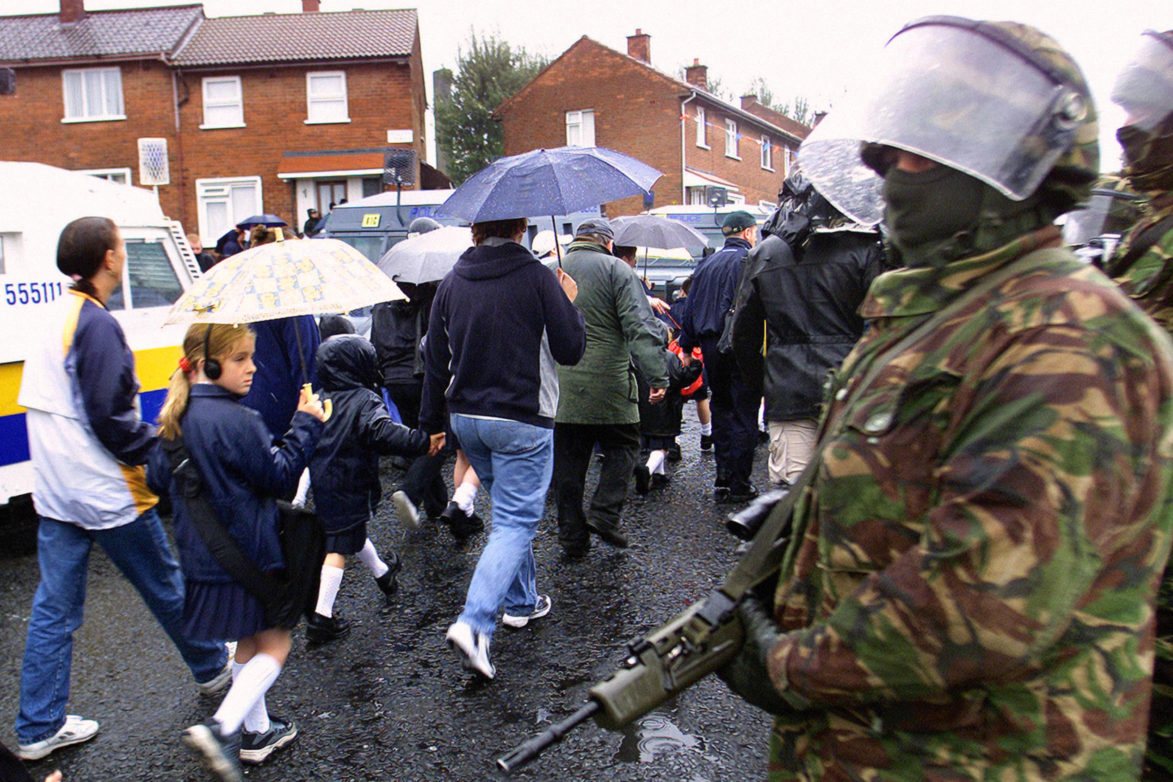 Security amid a loyalist protest against Catholic schoolgirls going to Holy Cross Primary School in north Belfast.