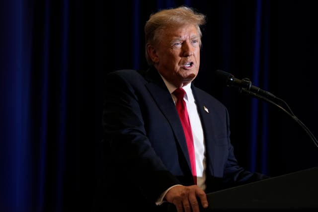 <p>Former President Donald Trump speaks during a commit to caucus rally, Wednesday, Dec. 13, 2023, in Coralville, Iowa. </p>