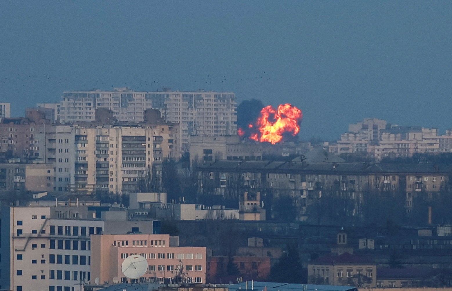 An explosion of a missile is seen during a Russian missile and drone strike, amid Russia’s attack on Ukraine