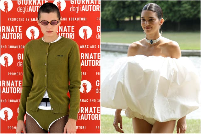 <p>Emma Corrin (left) and Kendall Jenner have opted for trouser-less looks in 2023</p>