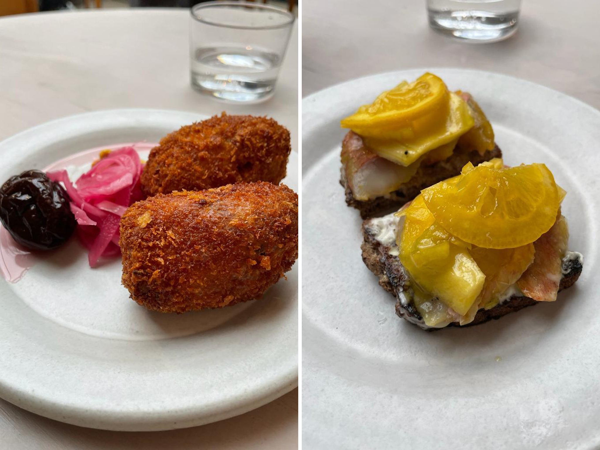 Pork croquettes and pickled red mullet on rye shone as starters