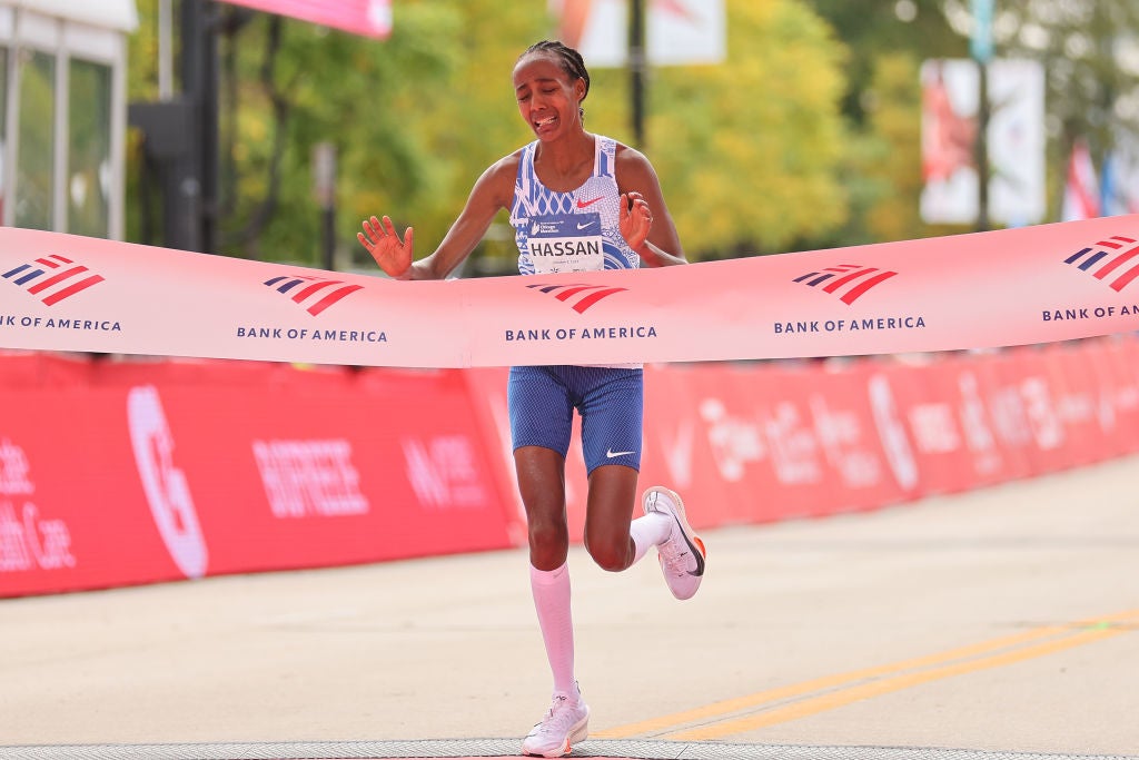 Athletics: Sifan Hassan crosses the line at the 2023 Chicago Marathon