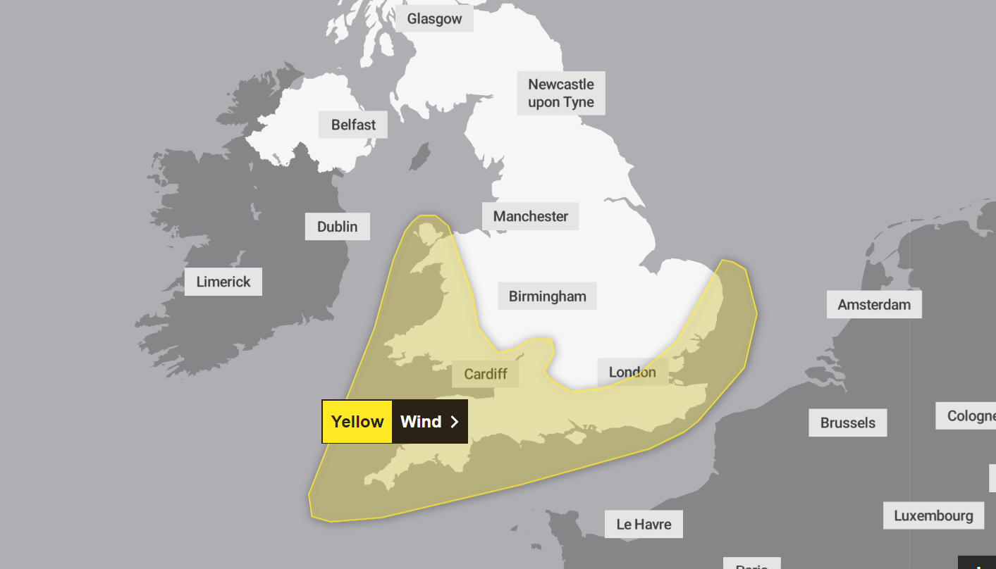 A weather warning is in place across Wales and south England for New Year’s Eve