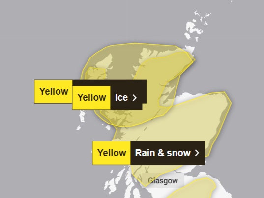 <p>Map shows areas under yellow weather warnings</p>