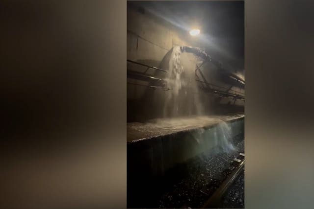<p>Watch: Floodwater gushes through tunnel near Ebbsfleet as Eurostar services cancelled</p>