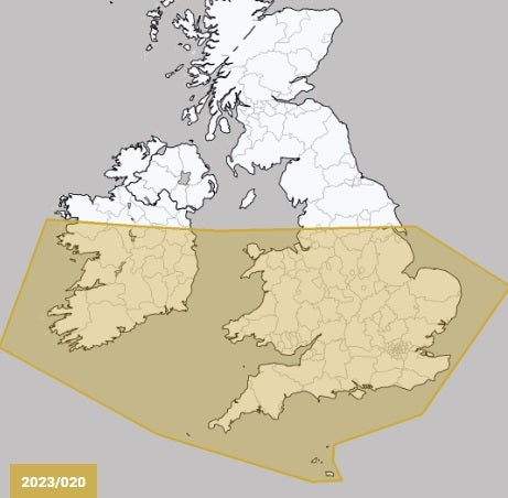 The region in the UK and Ireland where there is a risk of isolated tornadoes, according to the Tornado and Storm Research Organisation