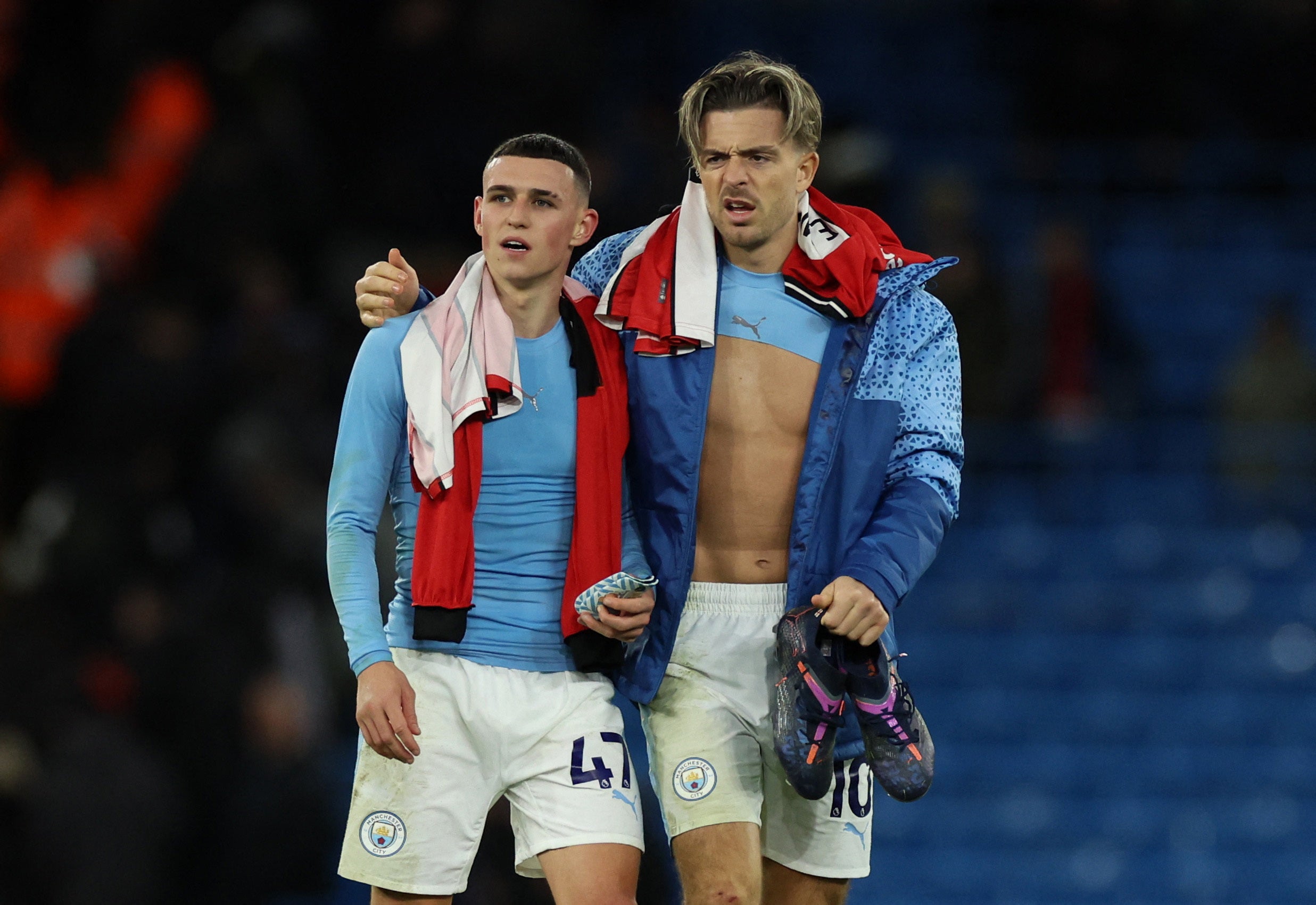 Manchester City's Phil Foden and Jack Grealish celebrate after the Sheffield United match