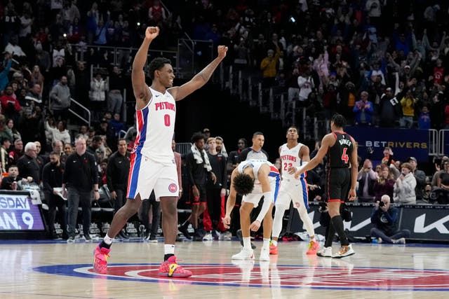 Detroit Pistons centre Jalen Duren and team react after defeating the Toronto Raptors (Carlos Osorio/AP)