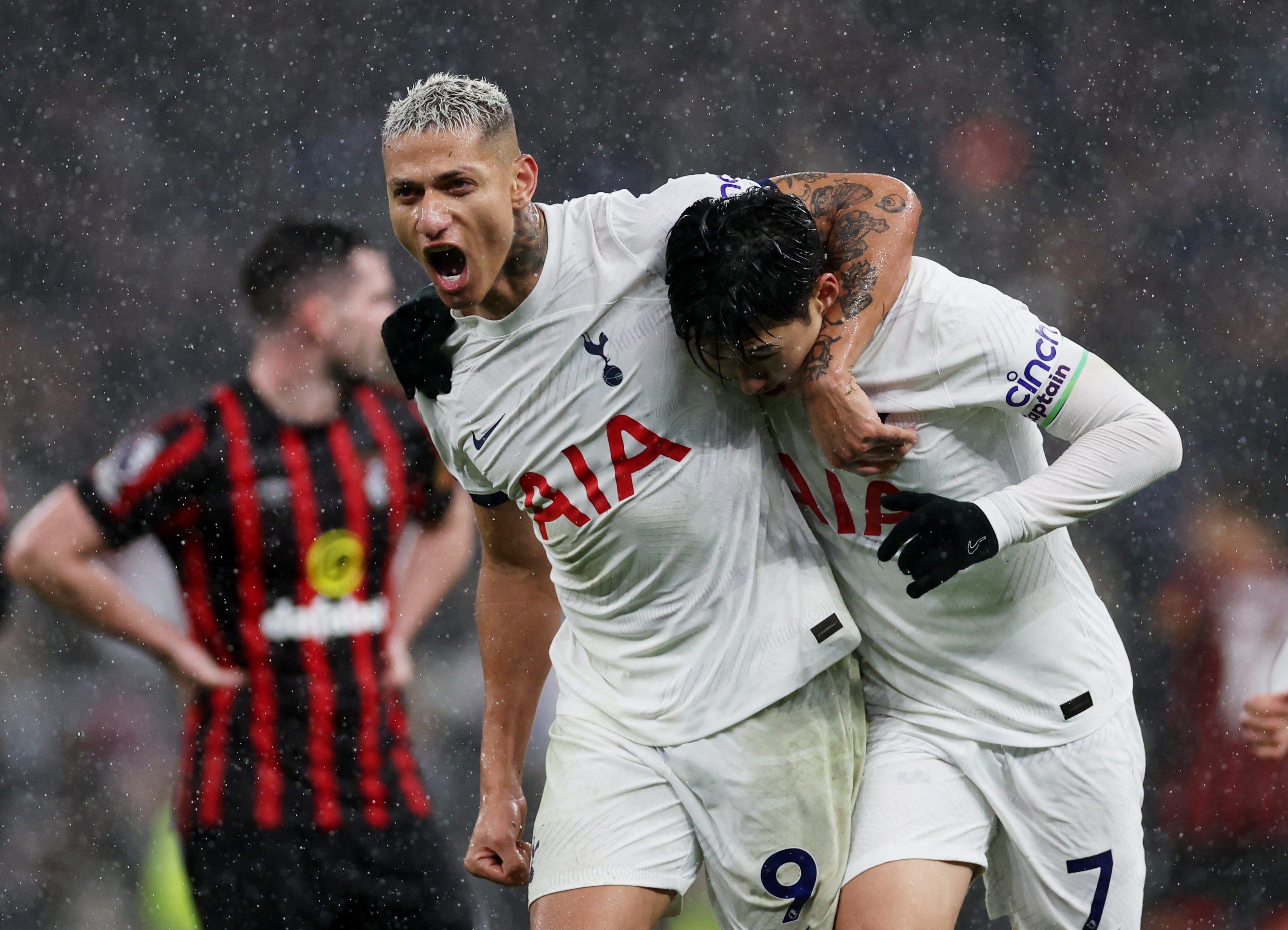 Richarlison and Son celebrating a goal as they beat Bournemouth 3-1 in EPL GW 20 | Tottenham v Bournemouth | Mania Africa