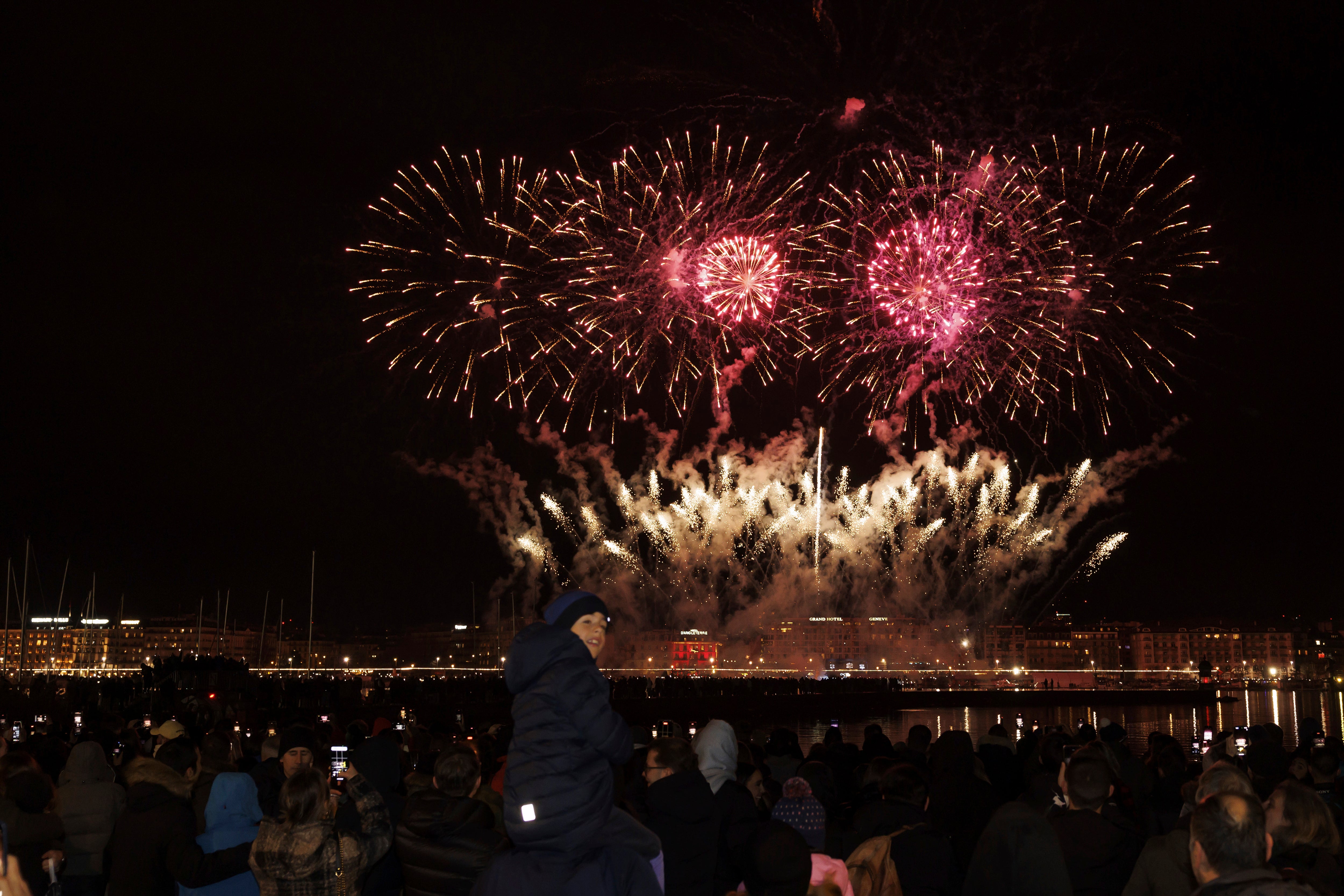 Fireworks illuminate the sky in bay of Geneva during New Year celebrations in Geneva, Switzerland, Monday, 1 January 2024
