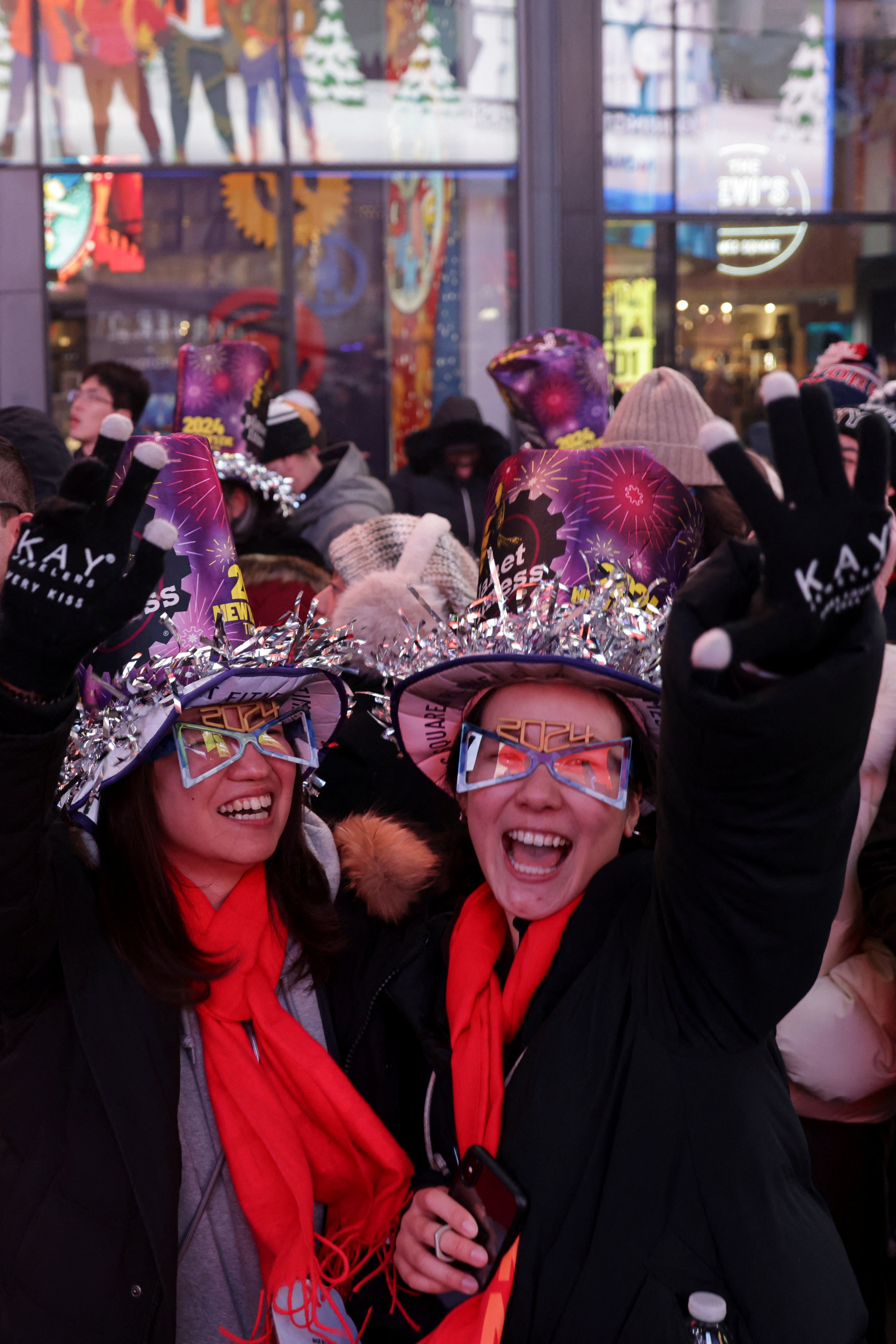 Revellers gather in Times Square during the celebrations of New Year's Eve, in New York City