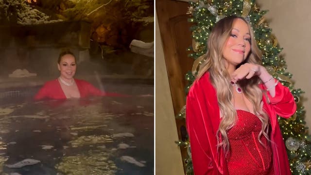 <p>Mariah Carey celebrates New Year wearing sparkling red gown in hot tub.</p>