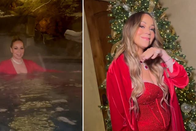 <p>Mariah Carey celebrates New Year wearing sparkling red gown in hot tub.</p>