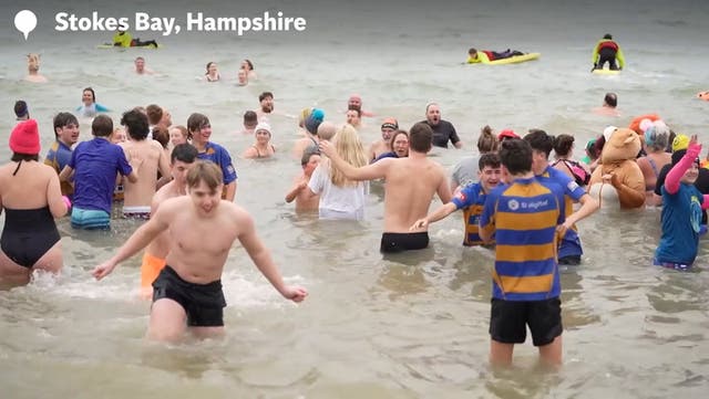 <p>Watch: Hundreds brave icy waters for New Year’s Day dip.</p>