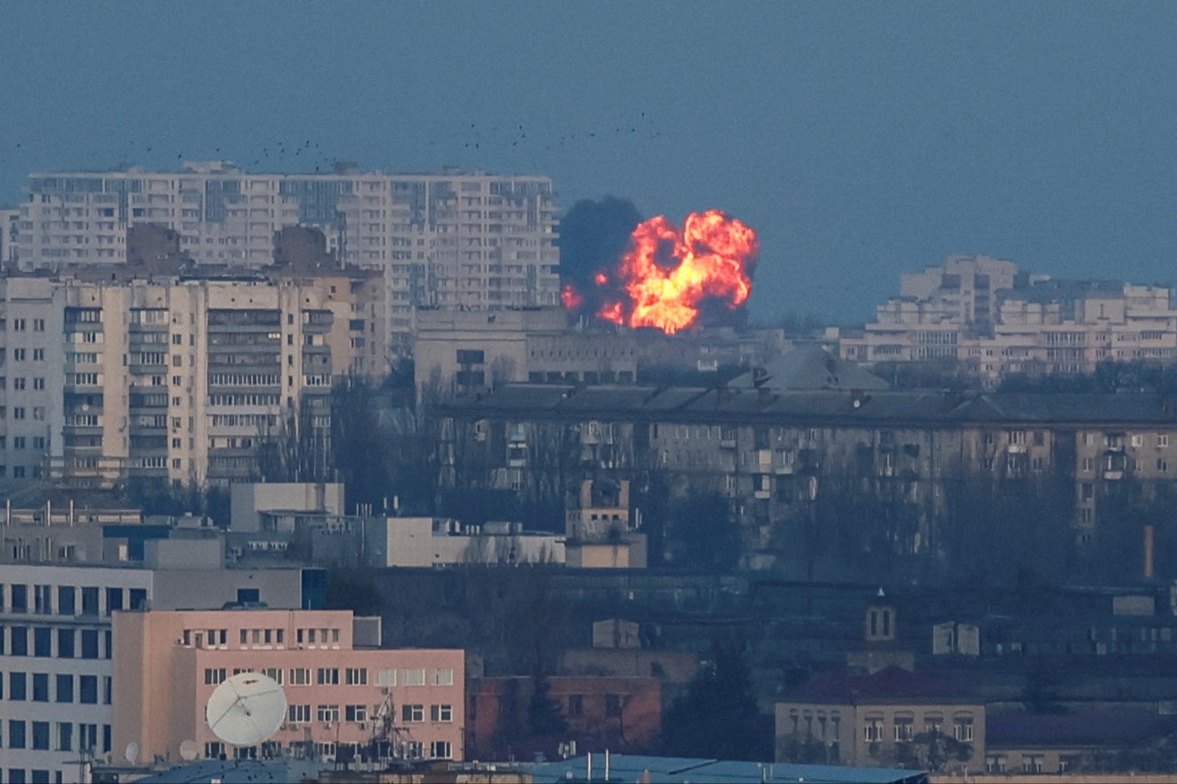 A missile explodes during a Russian drone attack on Kyiv