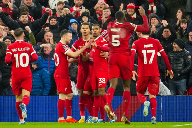 <p>Substitute Cody Gakpo celebrates after netting Liverpool’s third goal against Newcastle</p>