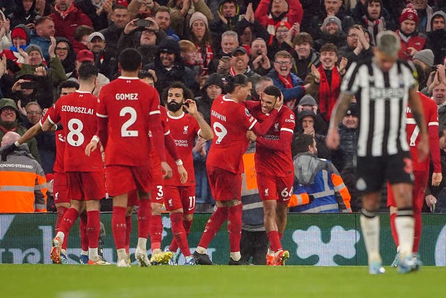 Mohamed Salah scored twice and set up another in Liverpool’s win over Newcastle (Peter Byrne/PA)