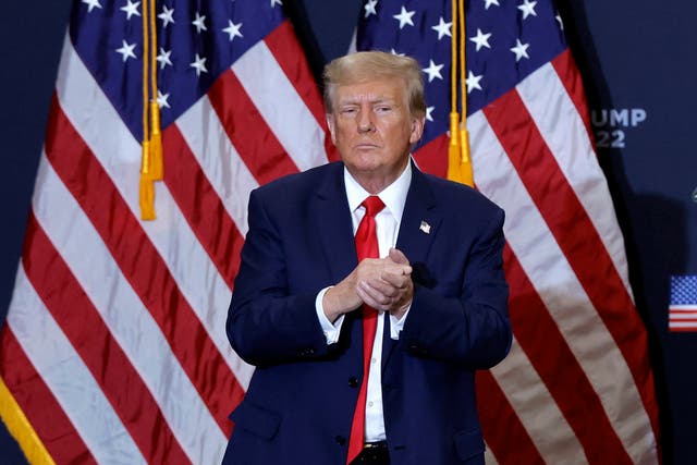 <p>Former US President and 2024 presidential hopeful Donald Trump gestures at the end of a campaign event in Waterloo, Iowa, on 19 December 2023</p>