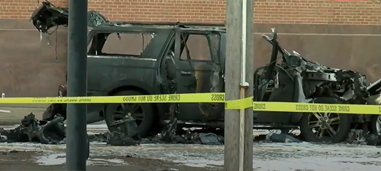 The Ford SUV was left with almost just its’ skeleton after gas cannisters fuelled its huge fire