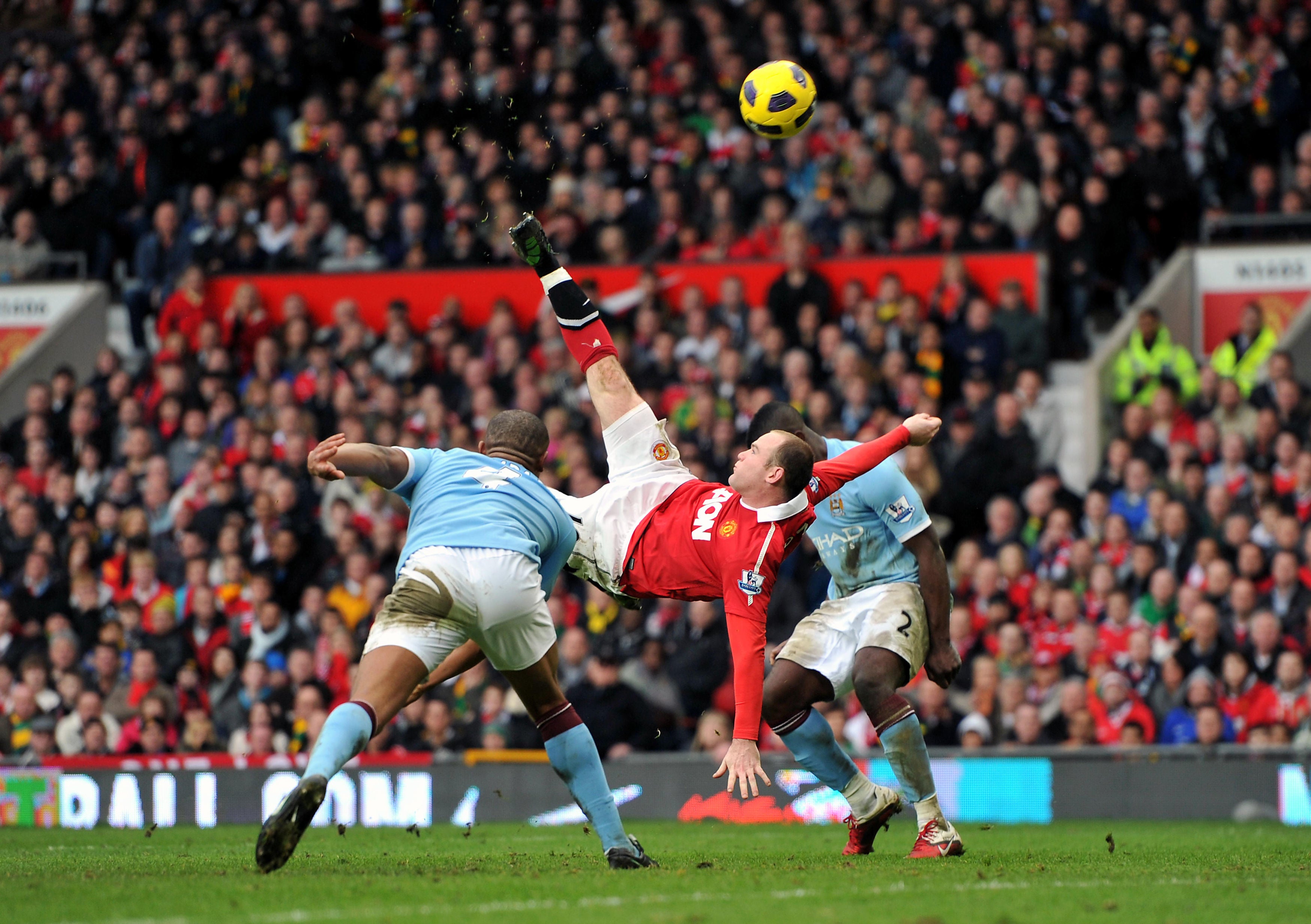 Wayne Rooney scoring one of the best goals in Premier League history - a bicycle kick against fierce rivals Manchester City