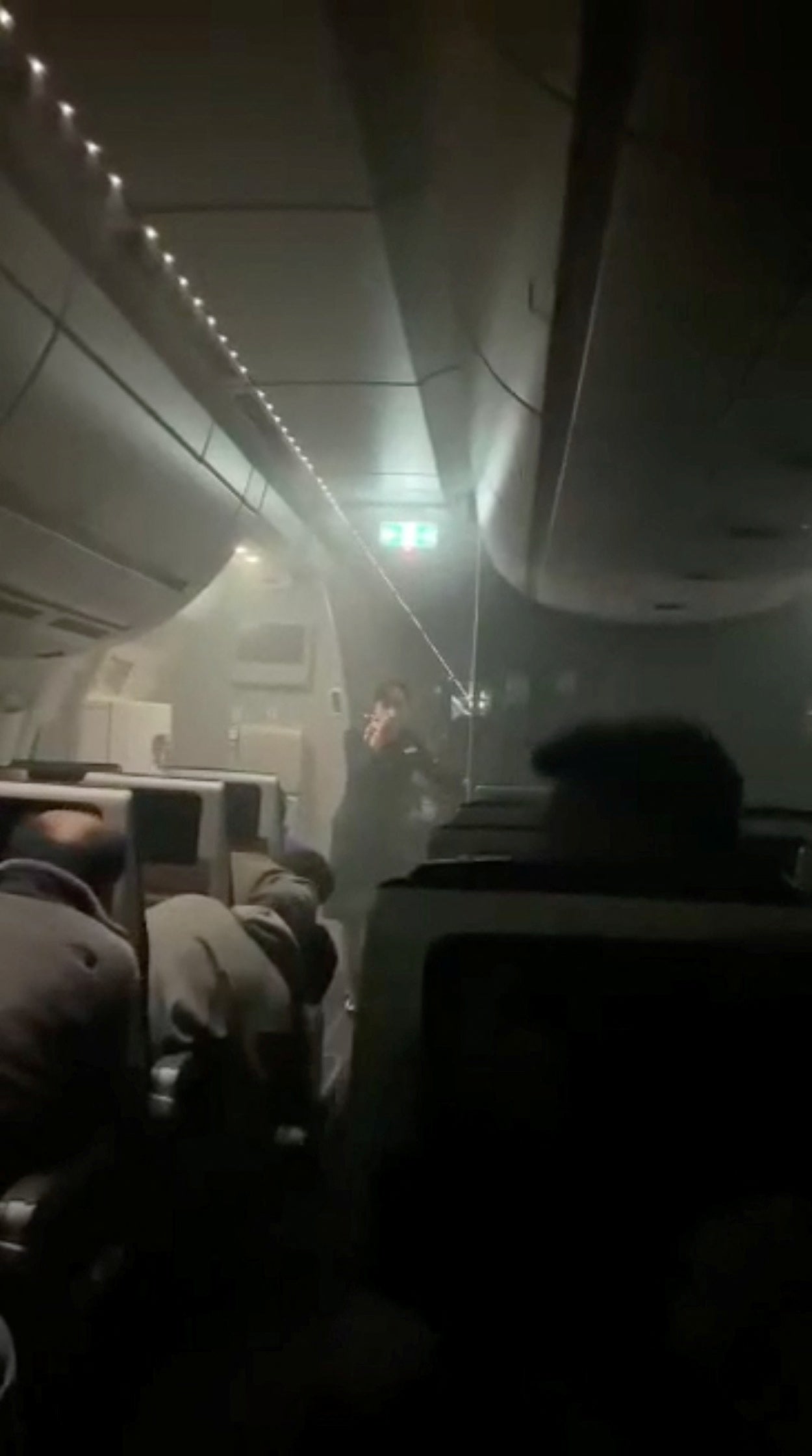 Smoke fills the cabin of the Japan Airlines Airbus-A350 in this screen grab obtained from a social media video