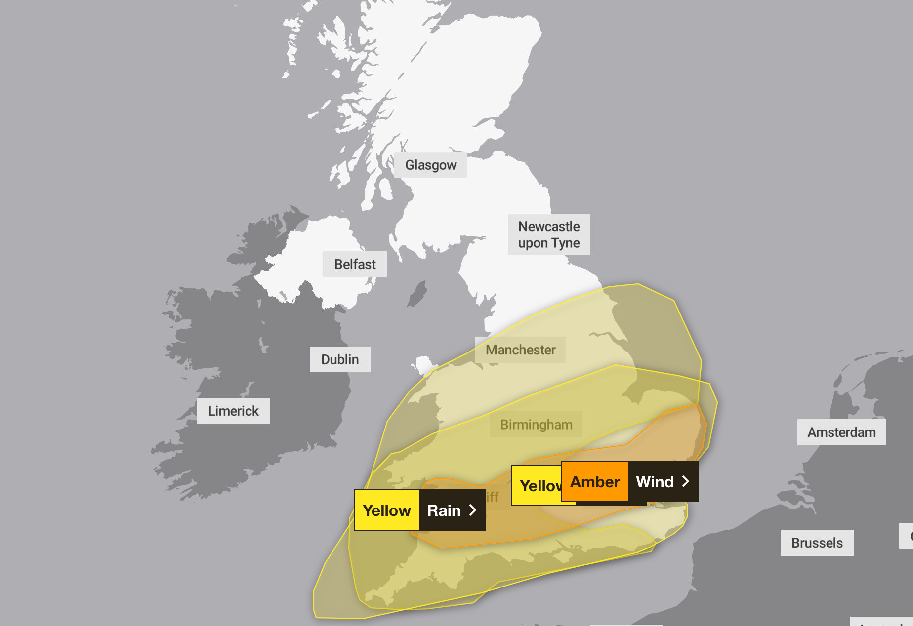 An amber wind warning was issued for across much of the south including Cardiff, London and Norwich