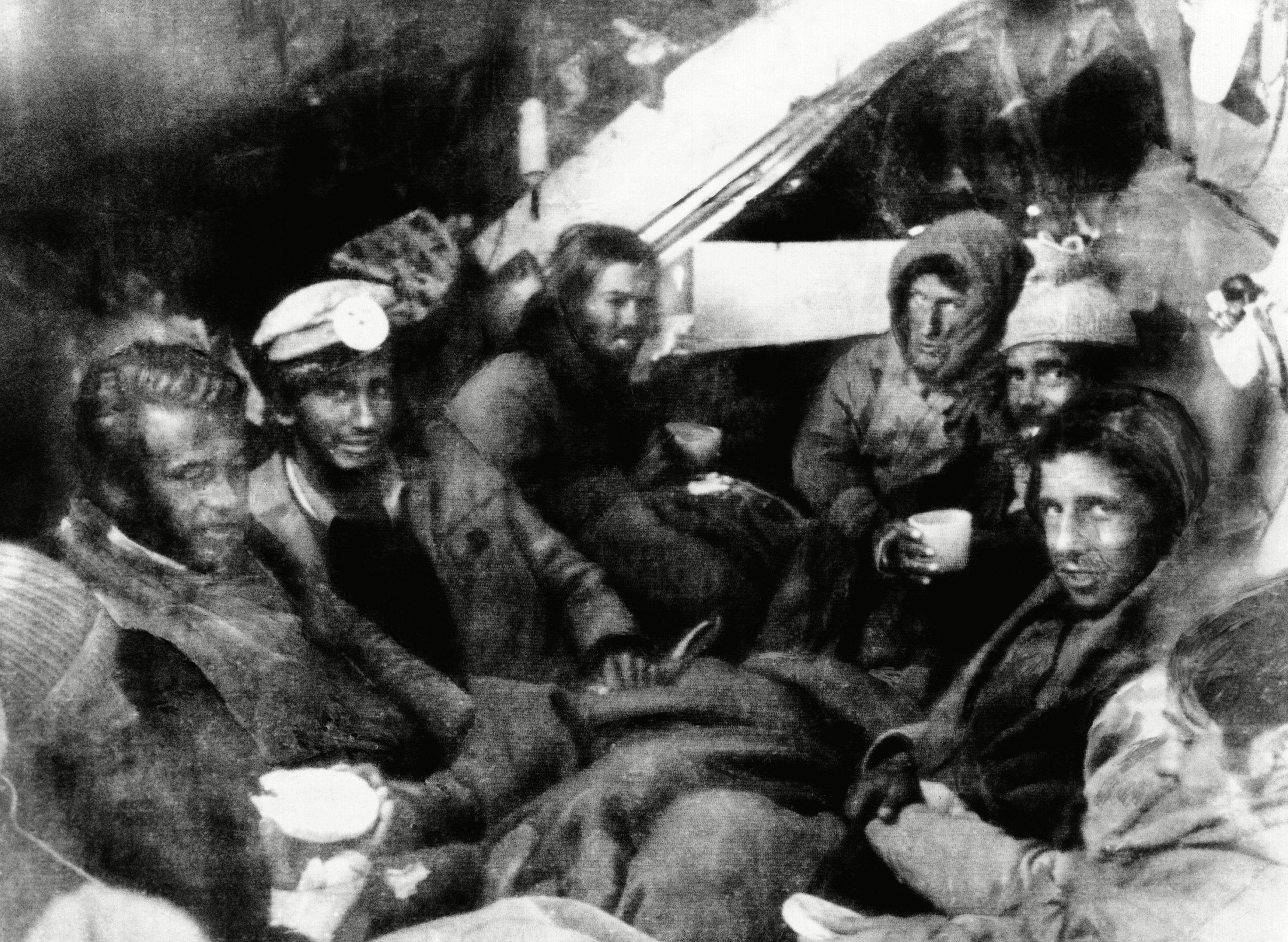 Survivors of the Uruguayan plane crash in the Andes in the fuselage of the wrecked aircraft shortly after rescuers reached them