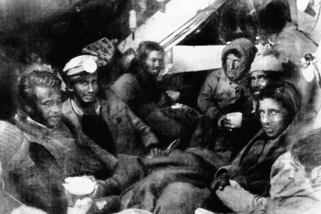 <p>Survivors of the Uruguayan plane crash in the Andes in the fuselage of the wrecked aircraft shortly after rescuers reached them</p>