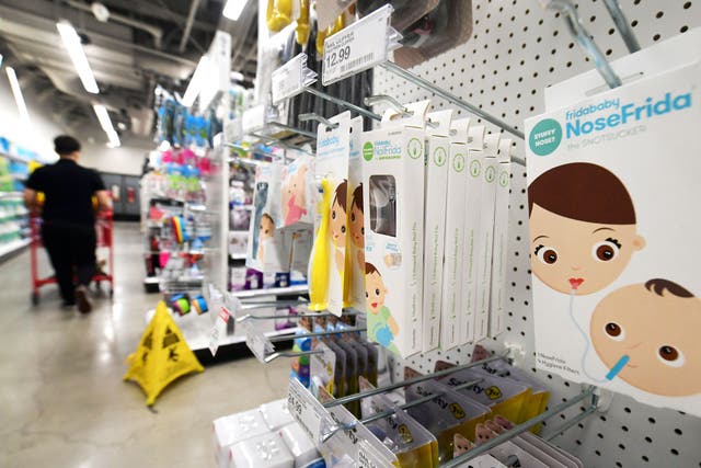 <p>Products for developing babies are displayed at a Target department store in Hollywood, California on September 2, 2021</p>